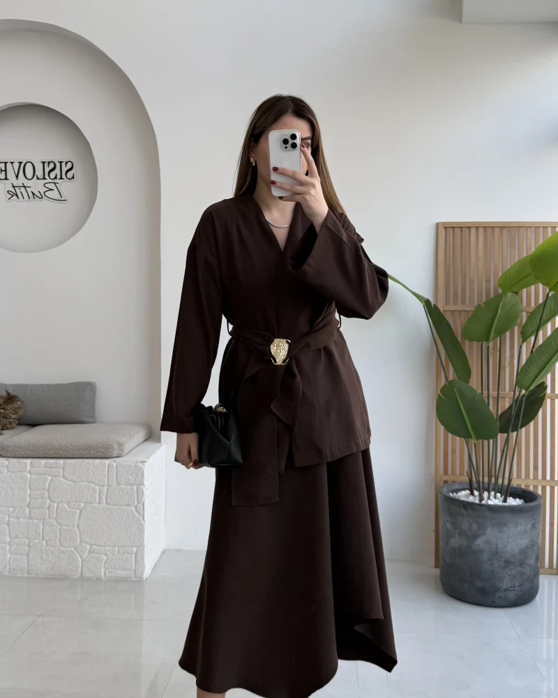 Sienna Aksesuar Kuşaklı Kimono-Etek Takım - Acı Kahve - Kod: 7047 5063