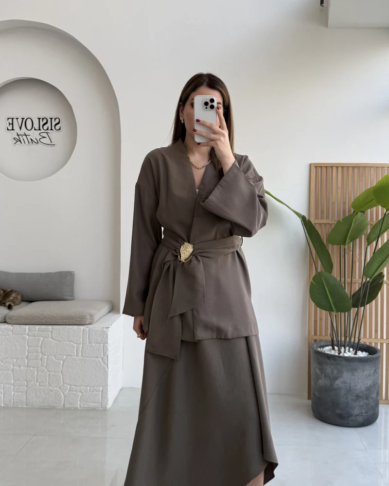 Sienna Aksesuar Kuşaklı Kimono-Etek Takım - Haki - Kod: 7047 5063