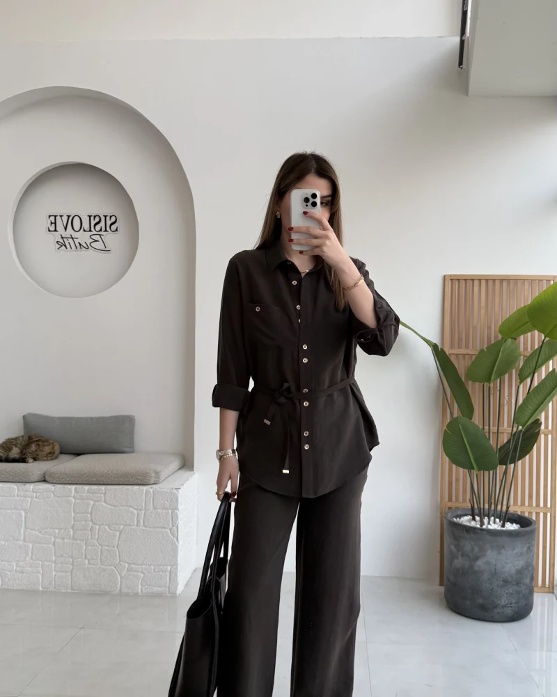 Chesley Kuşaklı Gömlek-Pantolon Takım - Kahve - Kod: 51280