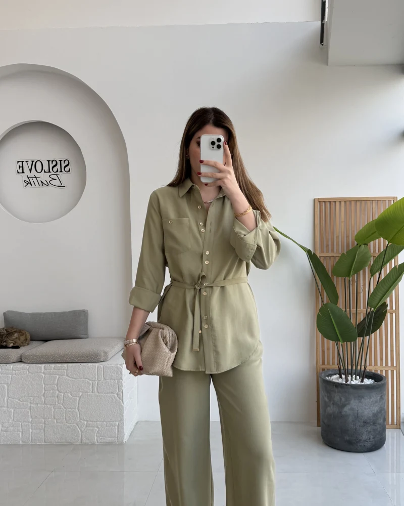 Chesley Kuşaklı Gömlek-Pantolon Takım - Açık Haki - Kod: 51280