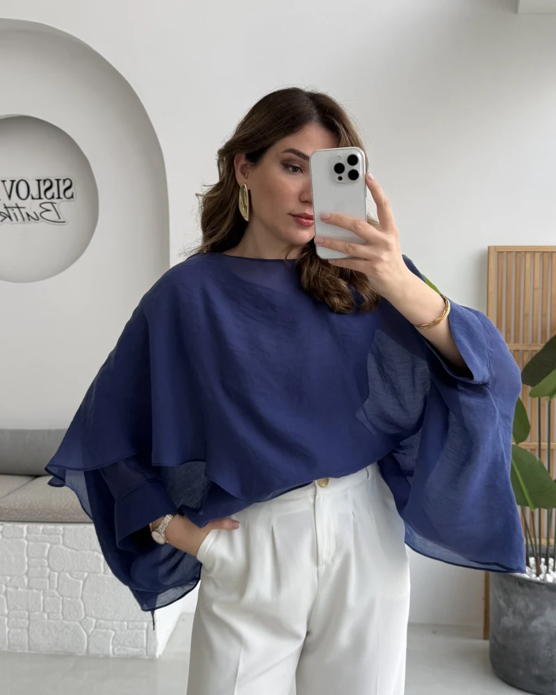 Uçuşan Pelerin Bluz - Lacivert - Kod: 5026