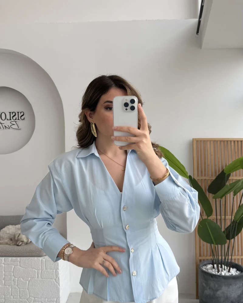 Missy Beli Pile Detay V Yaka Gömlek - Mavi - Kod: 2222