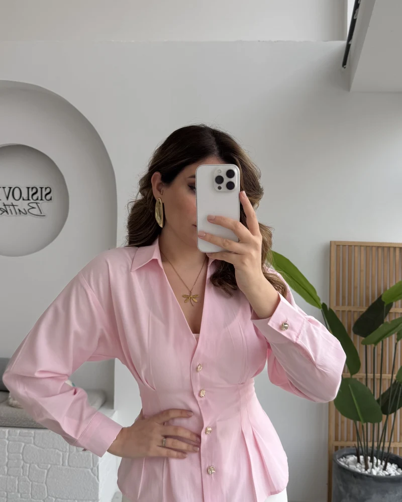 Missy Beli Pile Detay V Yaka Gömlek - Pembe - Kod: 2222