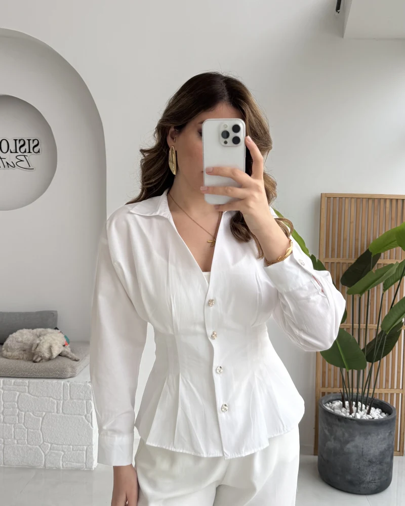 Missy Beli Pile Detay V Yaka Gömlek - Beyaz - Kod: 2222