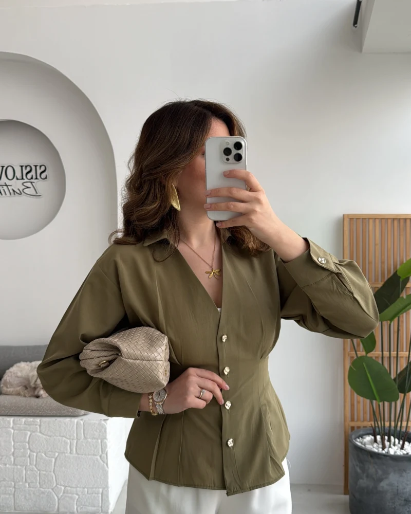 Missy Beli Pile Detay V Yaka Gömlek - Haki - Kod: 2222