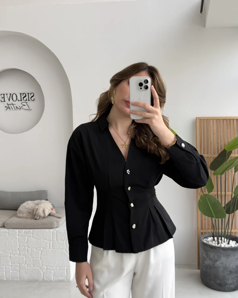 Missy Beli Pile Detay V Yaka Gömlek - Siyah - Kod: 2222