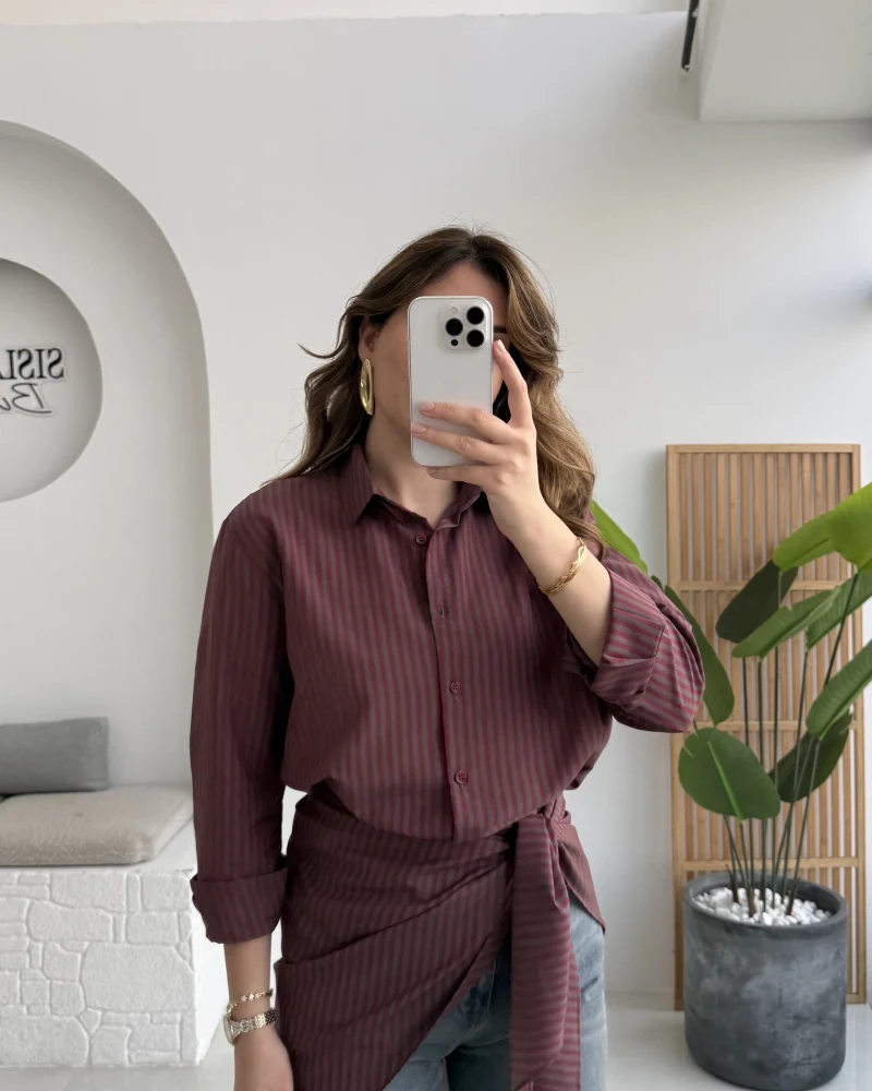 Çizgili Şallı Gömlek - Bordo-Gri - Kod: 5046