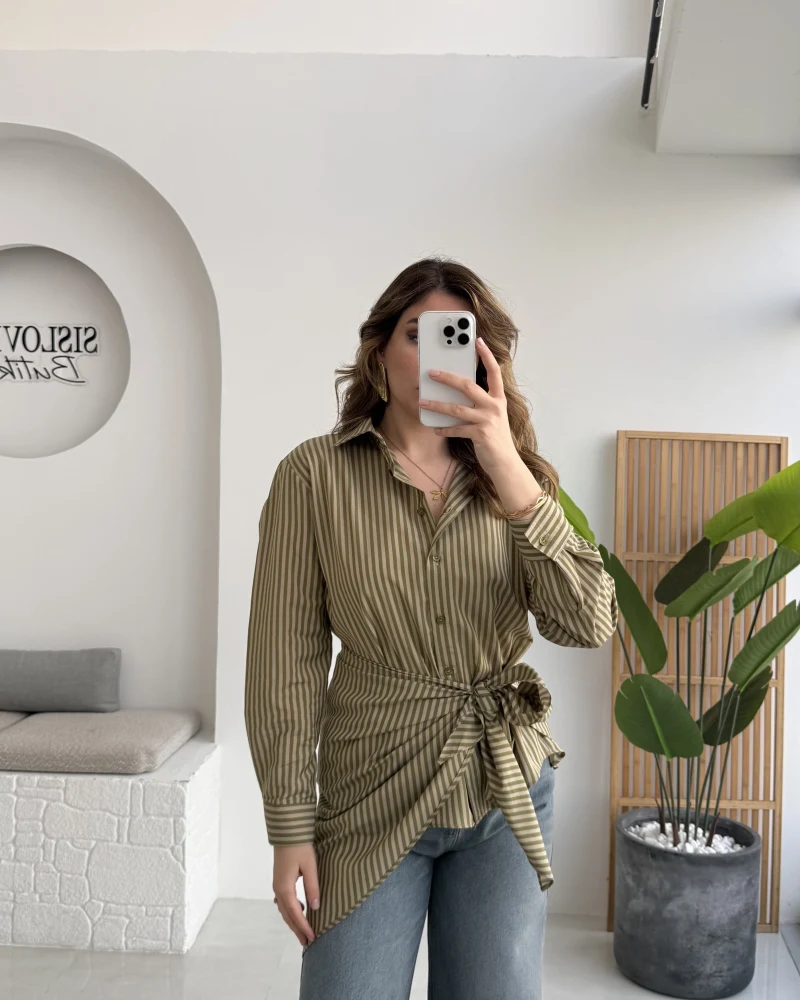 Çizgili Şallı Gömlek - Haki-Bej - Kod: 5046