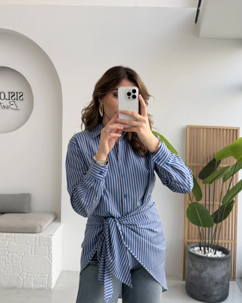 Çizgili Şallı Gömlek - Gri-Mavi - Kod: 5046