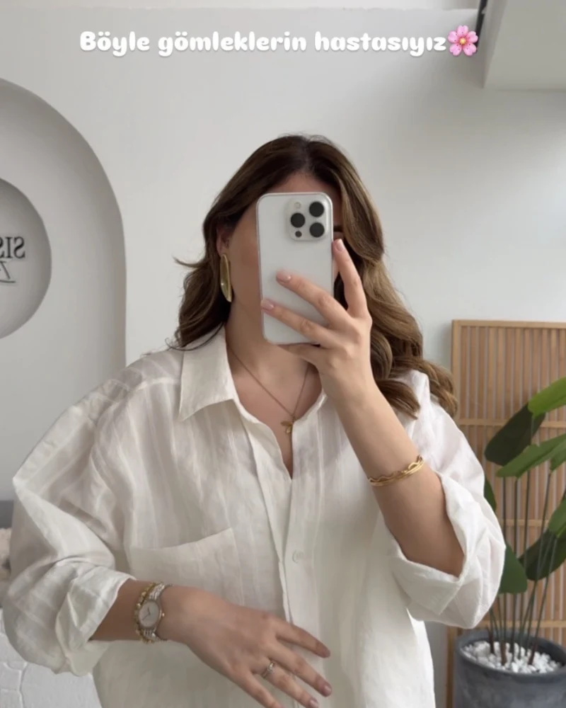 Tensel V Yaka Çizgili Gömlek - Beyaz - Kod: 4758