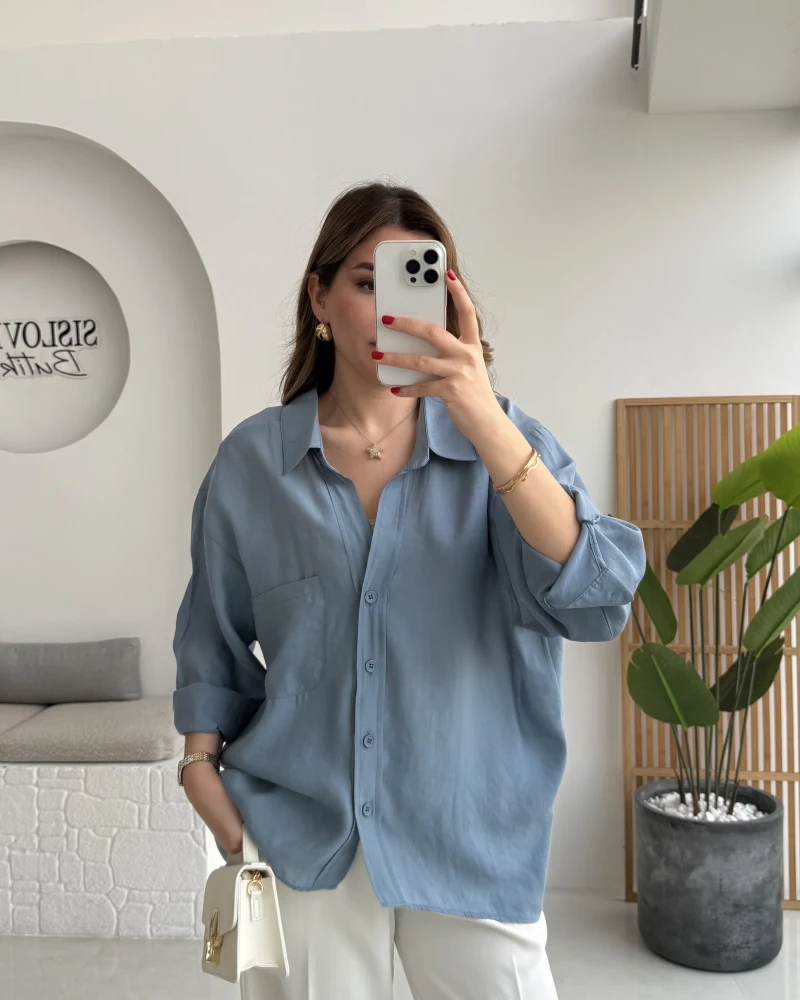 İndigo Mavi Oversize Tensel Gömlek Kod: 4612