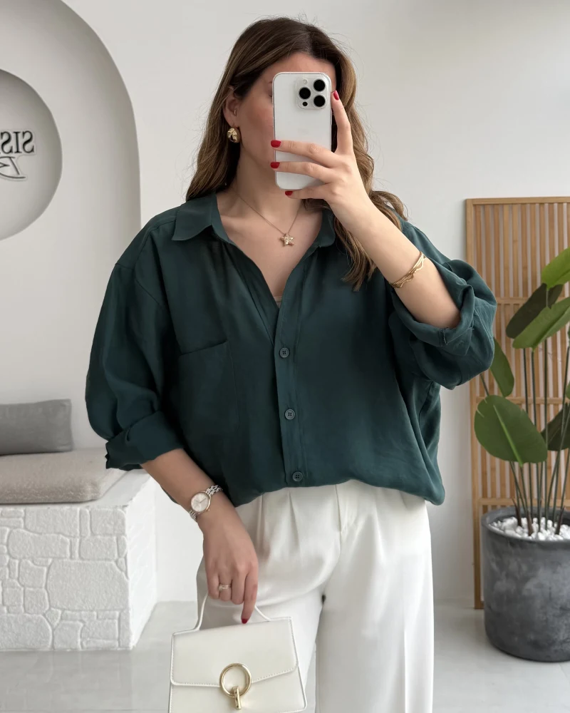 Zümrüt Yeşili Oversize Tensel Gömlek Kod: 4612