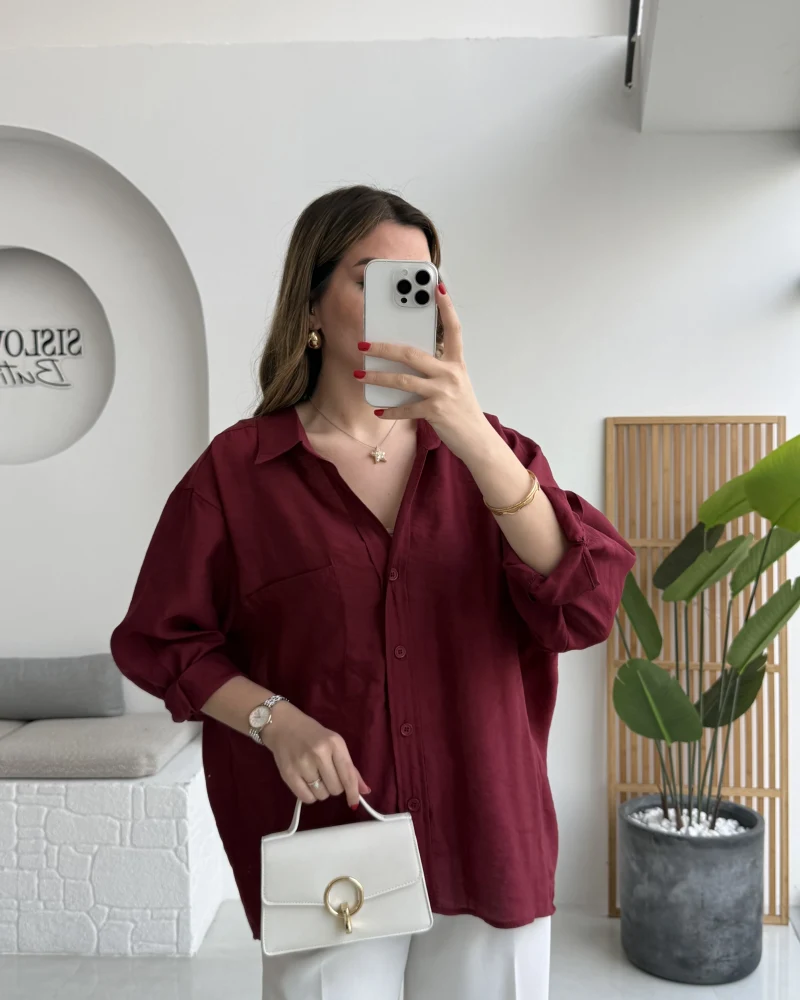 Bordo Oversize Tensel Gömlek Kod: 4612
