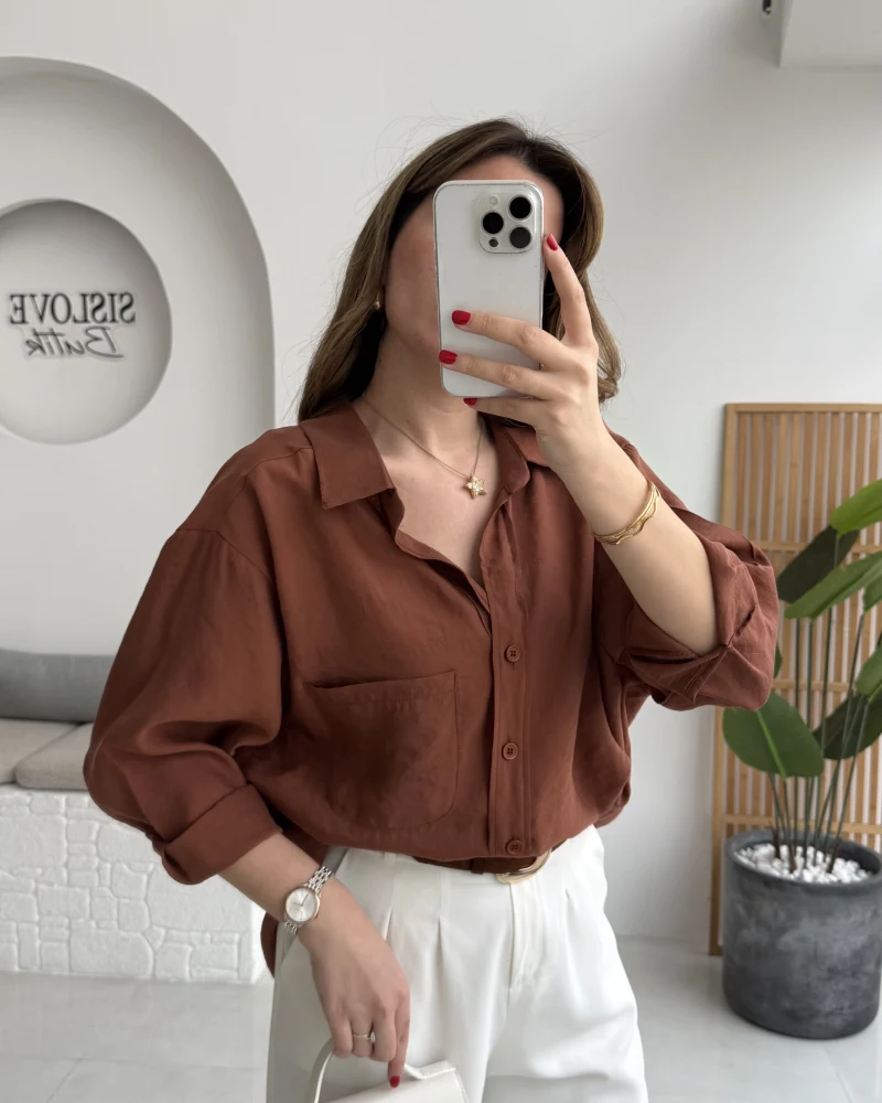 Kızıl Kahve Oversize Tensel Gömlek - Kod: 4612