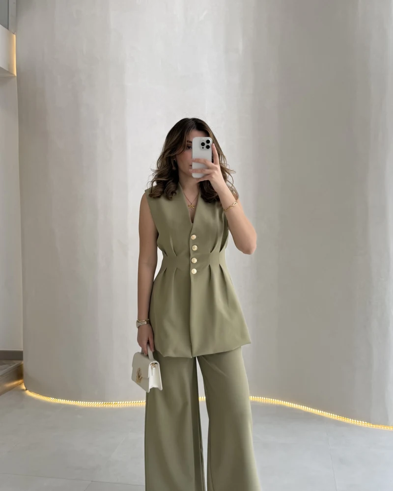 Alira Gold Düğmeli Bel Pile Detaylı Yelek Takım - Mint - Kod: 8011