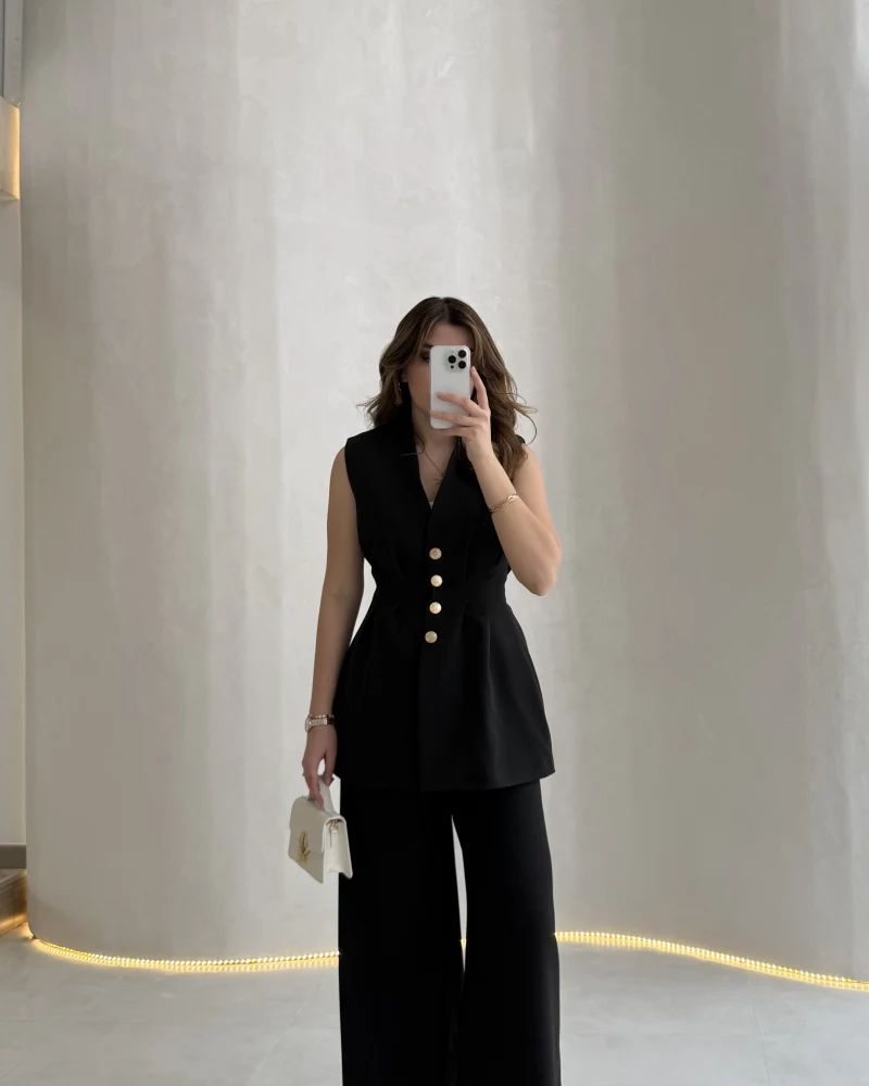 Alira Gold Düğmeli Bel Pile Detaylı Yelek Takım - Siyah - Kod: 8011