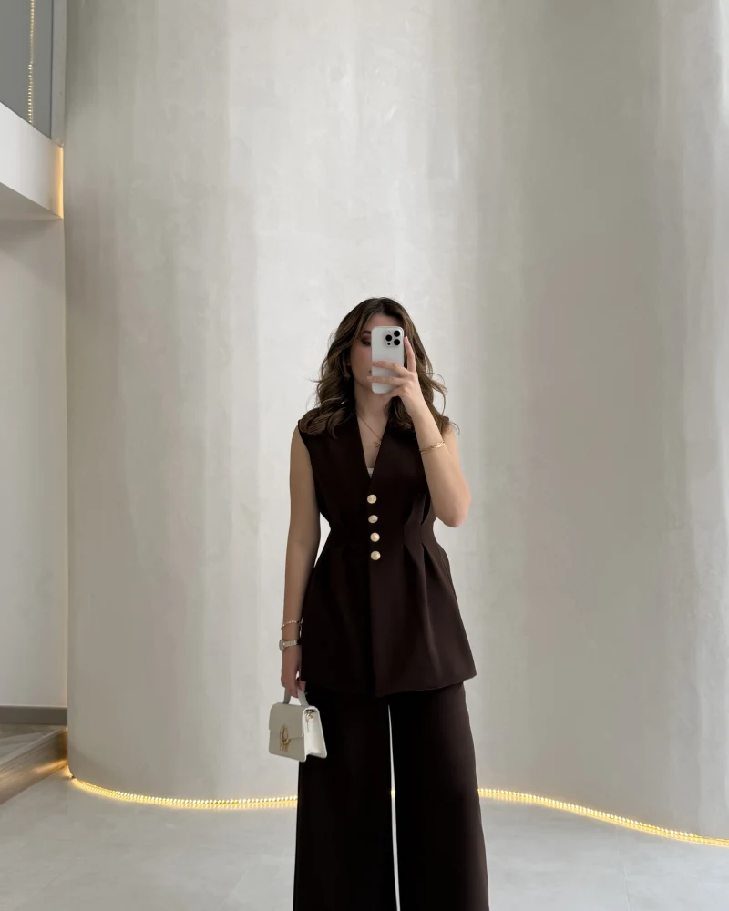 Alira Gold Düğmeli Bel Pile Detaylı Yelek Takım - Acı Kahve - Kod: 8011