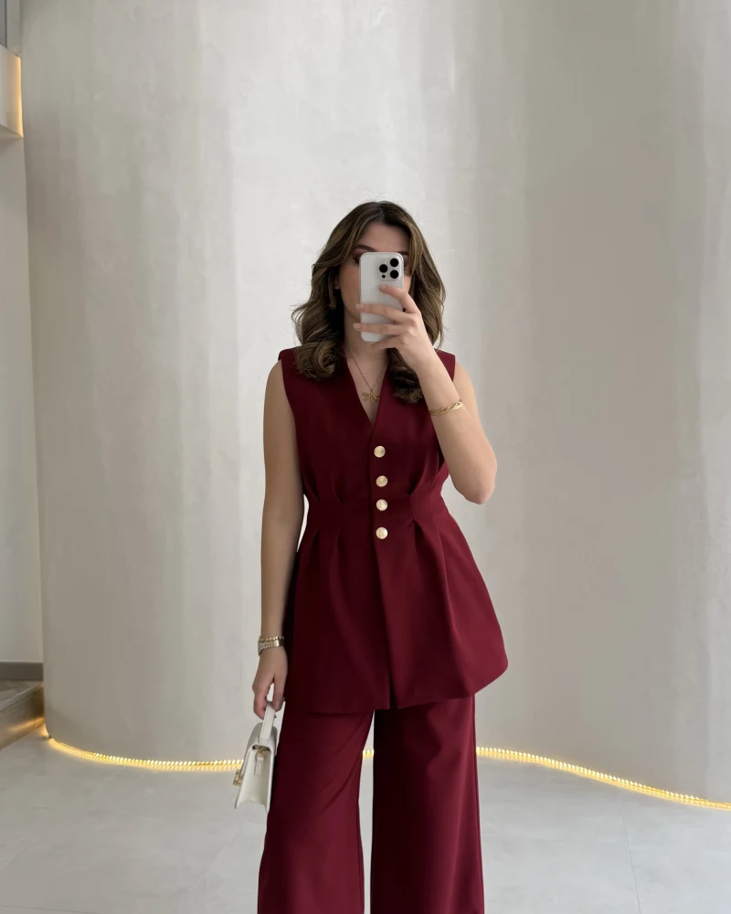 Alira Gold Düğmeli Bel Pile Detaylı Yelek Takım - Bordo - Kod: 8011
