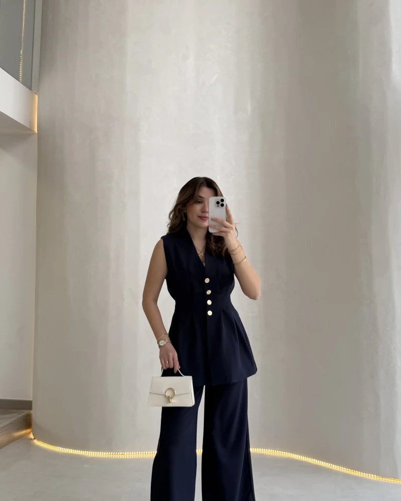 Alira Gold Düğmeli Bel Pile Detaylı Yelek Takım - Lacivert - Kod: 8011