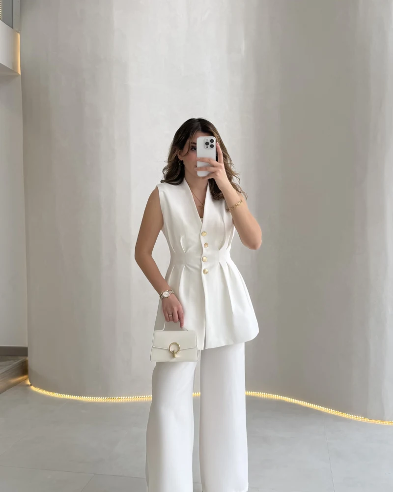 Alira Gold Düğmeli Bel Pile Detaylı Yelek Takım - Ekru - Kod: 8011