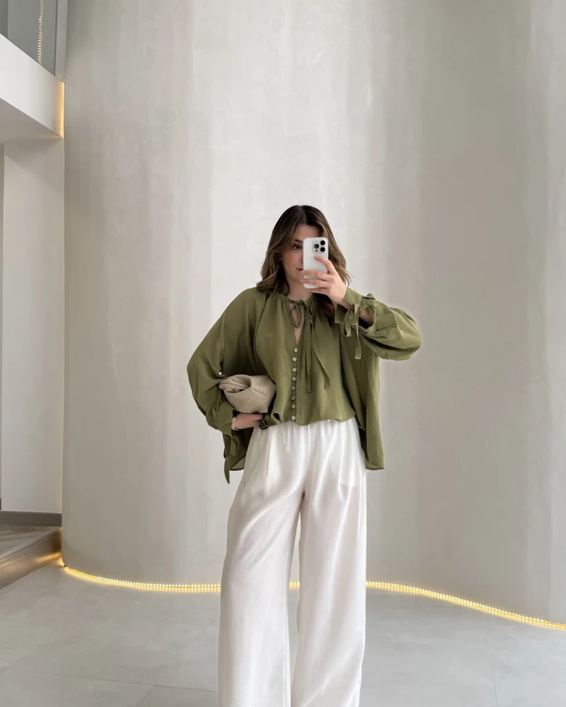 Menessa Bol Paça Beli Lastikli Transparan Pantolon - Ekru - Kod: 3720