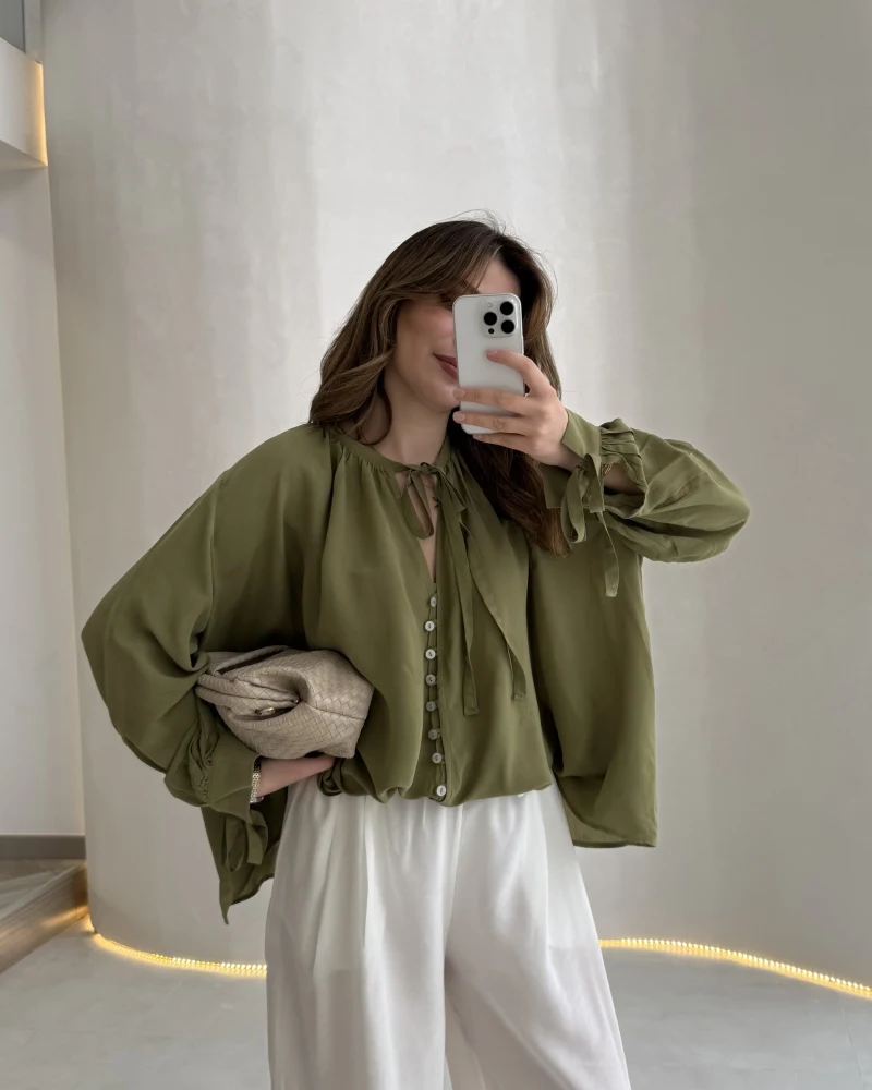 Georgia Bağlama Detaylı Dökümlü Gömlek - Haki - Kod: 4988