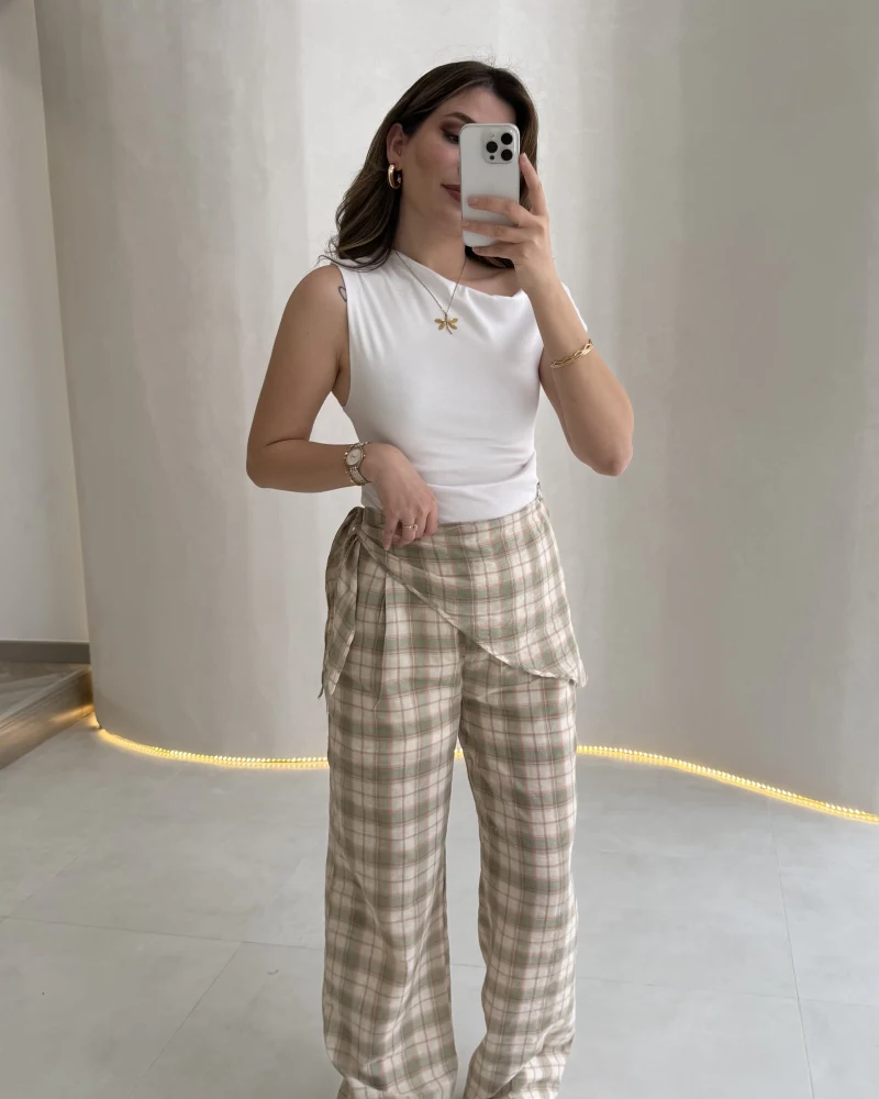 Cıelle Ekose Desenli Fular Bağlamalı Pantolon - Haki - Kod: 3921