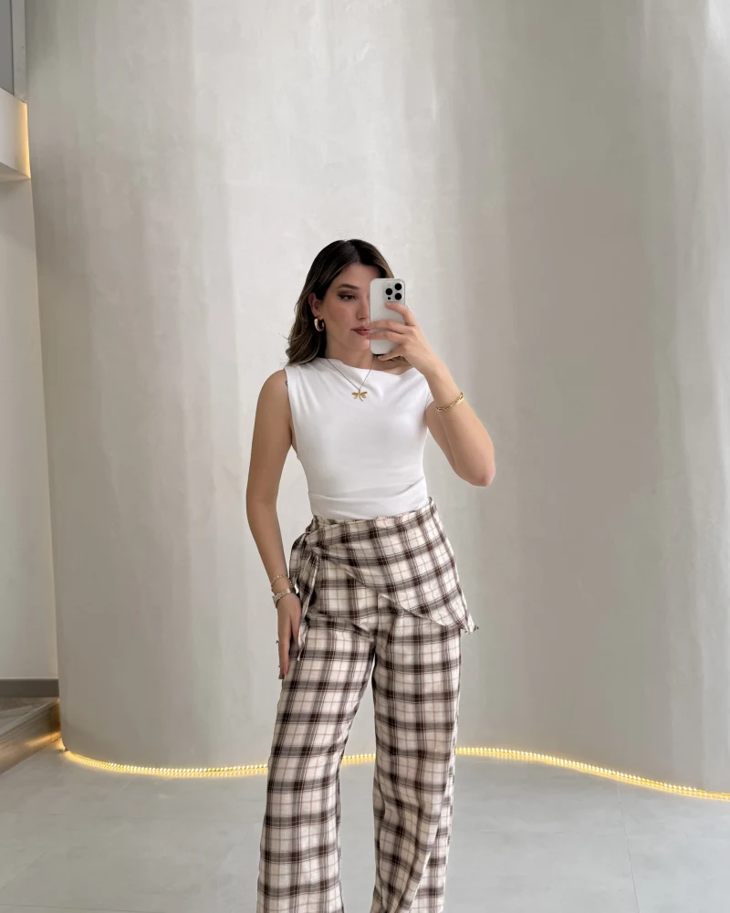 Cıelle Ekose Desenli Fular Bağlamalı Pantolon - Kahve - Kod: 3921