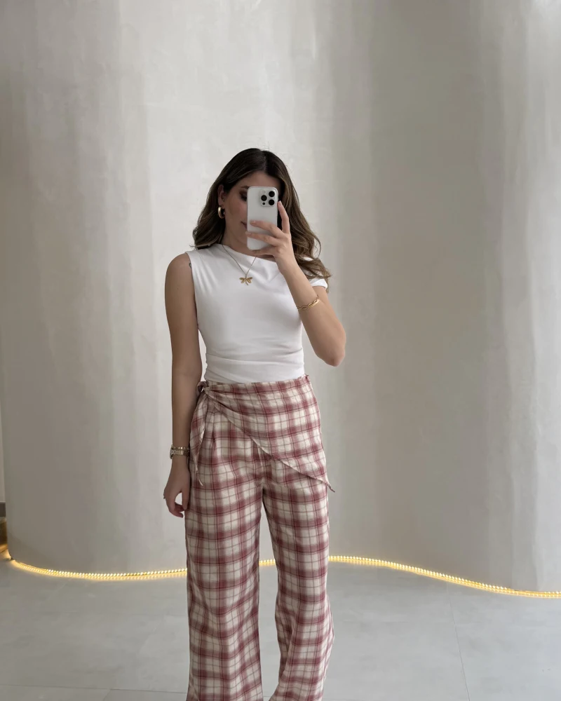 Cıelle Ekose Desenli Fular Bağlamalı Pantolon - Kiremit - Kod: 3921