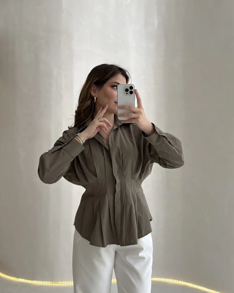 Adira V Yaka Beli Pileli Gömlek - Haki - Kod: 126