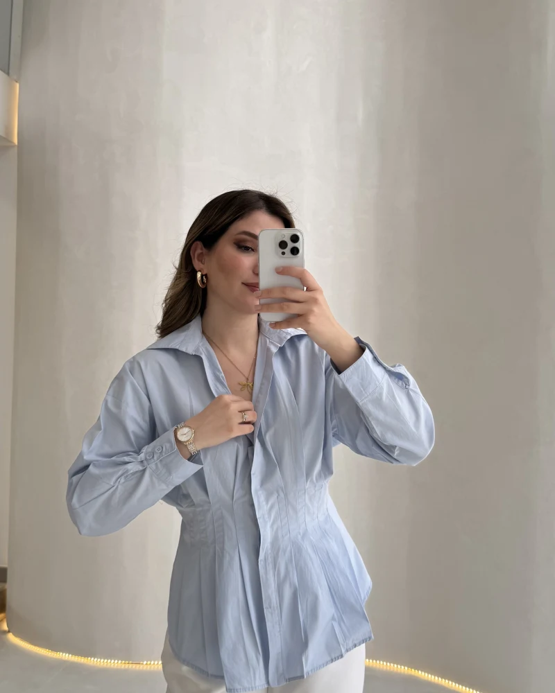 Adira V Yaka Beli Pileli Gömlek - Açık Mavi - Kod: 126