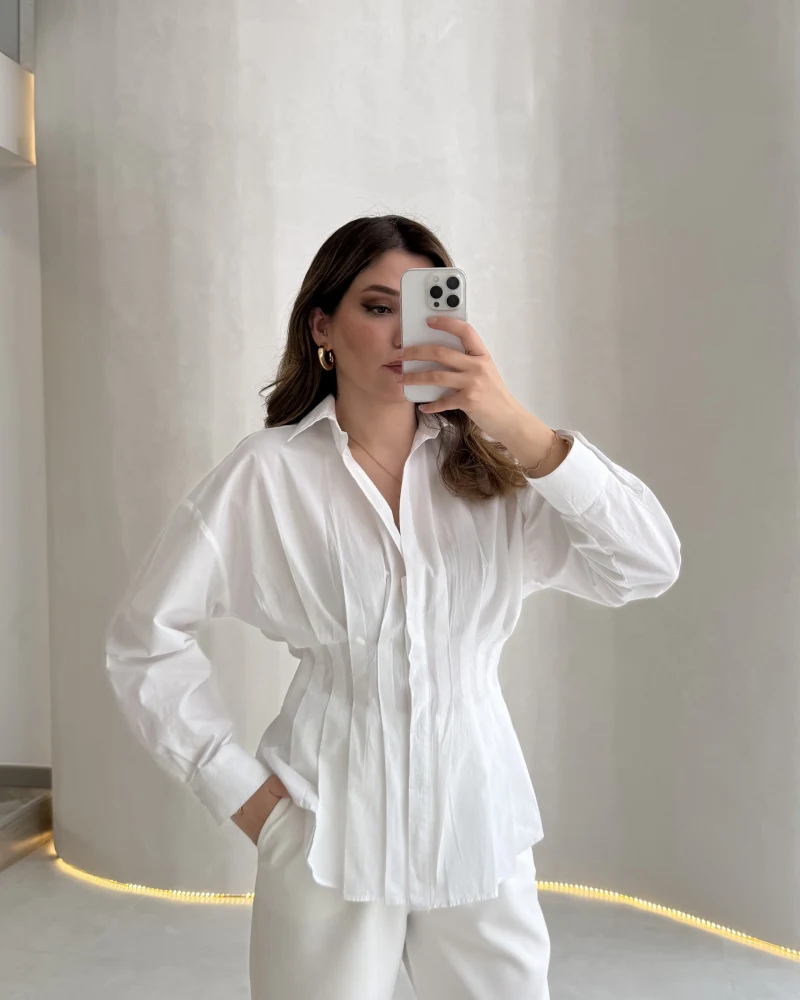 Adira V Yaka Beli Pileli Gömlek - Beyaz - Kod: 126