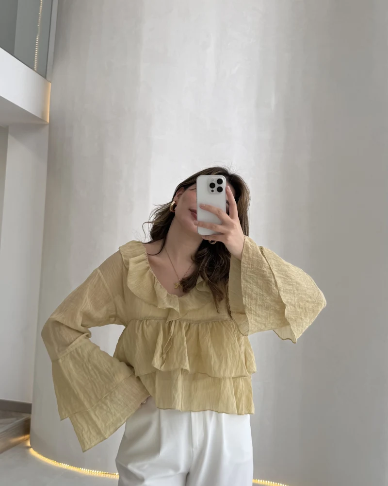 Liry Fırfırlı V Yaka Transparan Bluz - Yeşil - Kod: 1060