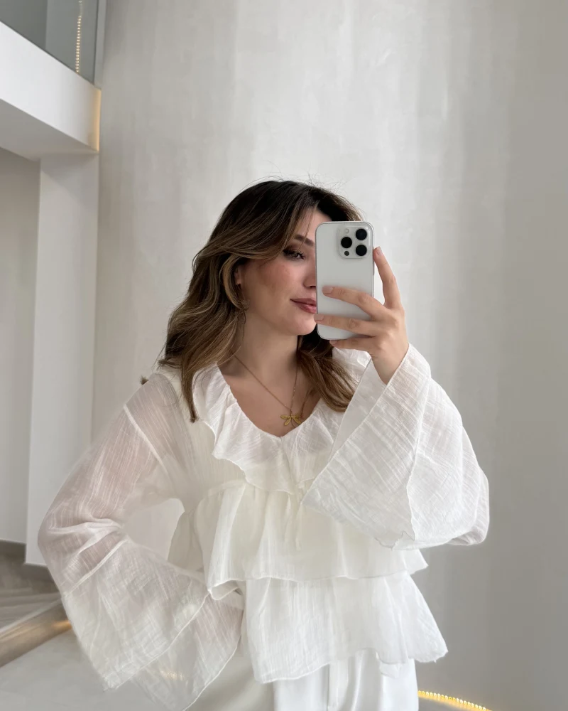 Liry Fırfırlı V Yaka Transparan Bluz - Beyaz - Kod: 1060