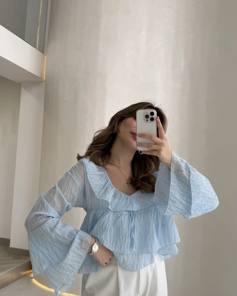 Liry Fırfırlı V Yaka Transparan Bluz - Mavi - Kod: 1060