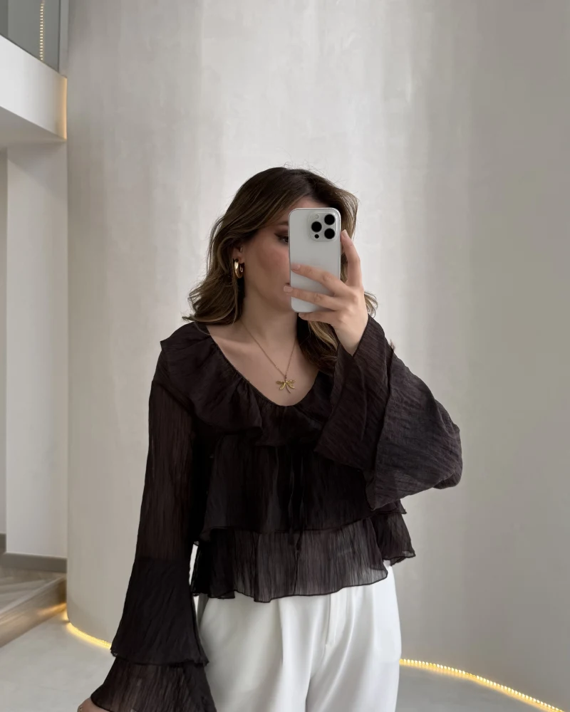 Liry Fırfırlı V Yaka Transparan Bluz - Kahverengi - Kod: 1060