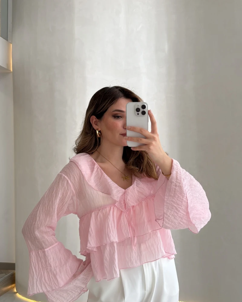 Liry Fırfırlı V Yaka Transparan Bluz - Pembe - Kod: 1060