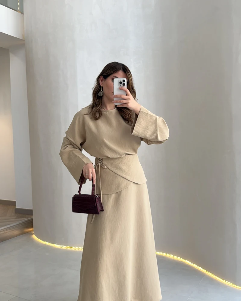 La Fortuna Bel Detay Bağcıklı Takım - Vizon - Kod: 9034