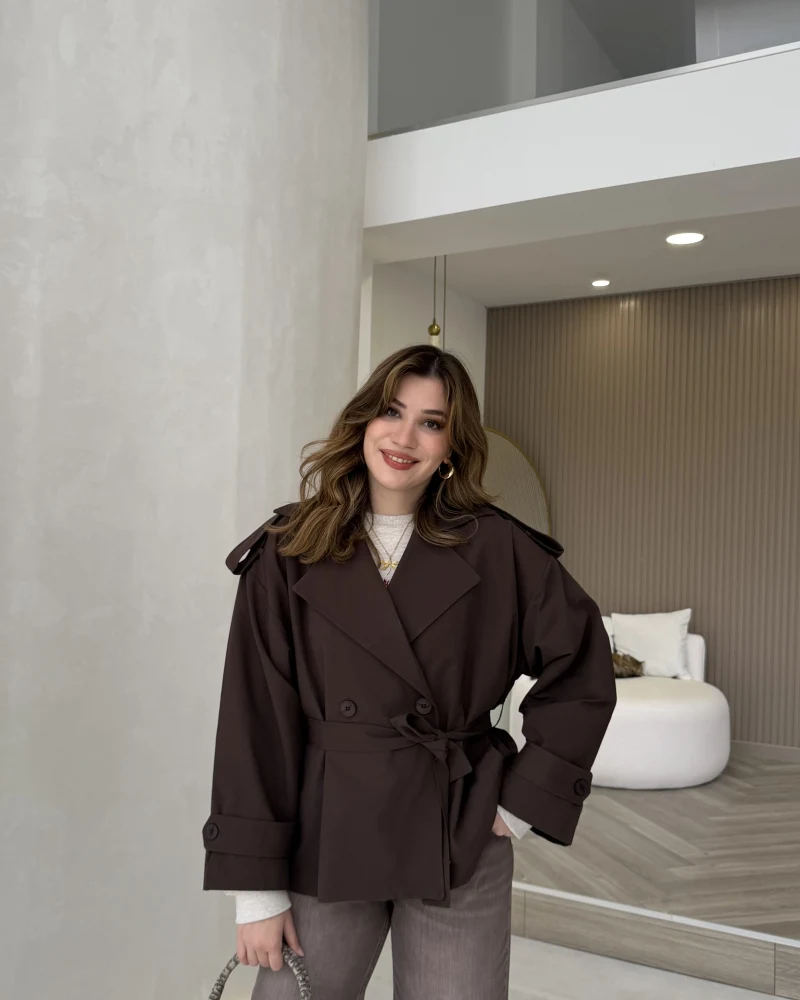 Anastasia Vatkalı Kuşaklı Kısa Trençkot - Kahve - Kod: 9609