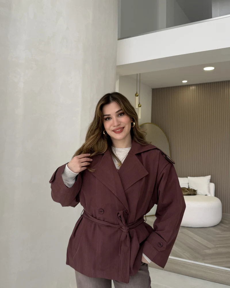 Anastasia Vatkalı Kuşaklı Kısa Trençkot - Bordo - Kod: 9609