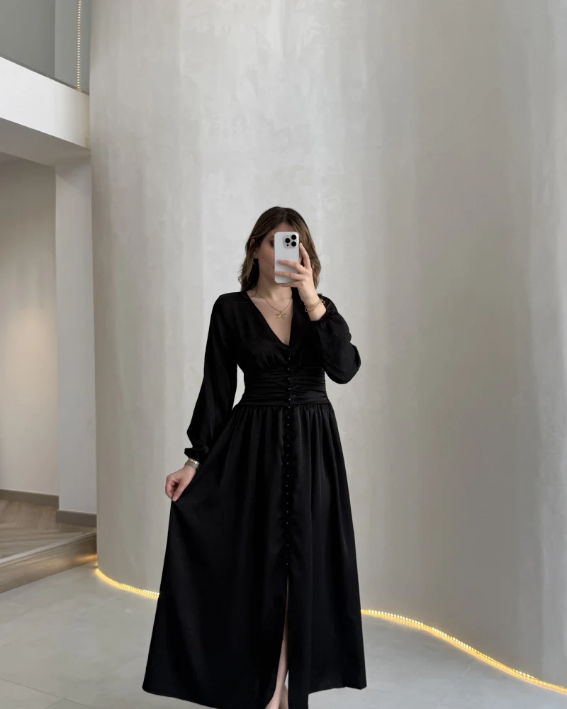 Bernıce Beli Büzgü Detay Düğmeli Saten Elbise - Siyah - Kod: 0974