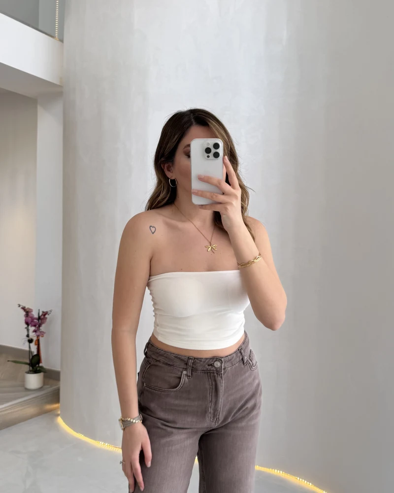 Straplez Crop Pedli Body - Ekru - Kod: 23369