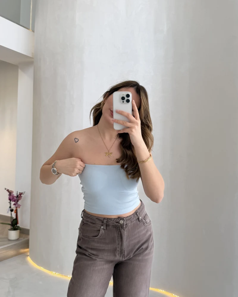 Straplez Crop Pedli Body - Mavi - Kod: 23369