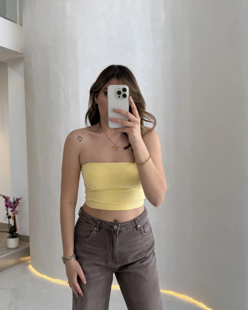 Straplez Crop Pedli Body - Sarı - Kod: 23369