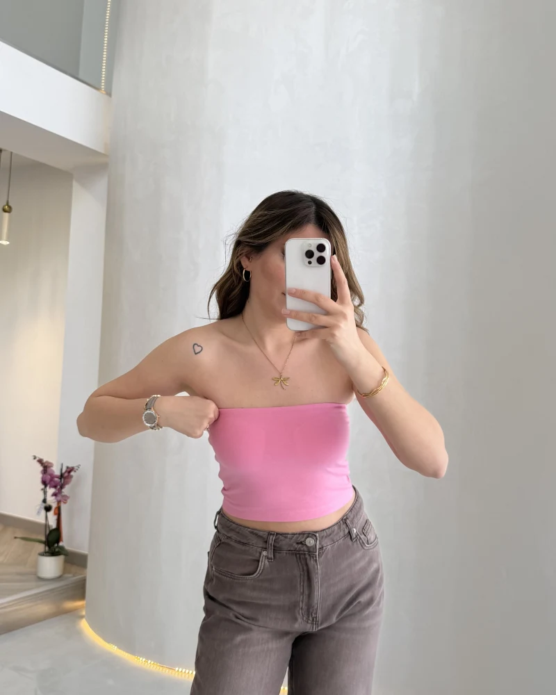 Straplez Crop Pedli Body - Pembe - Kod: 23369