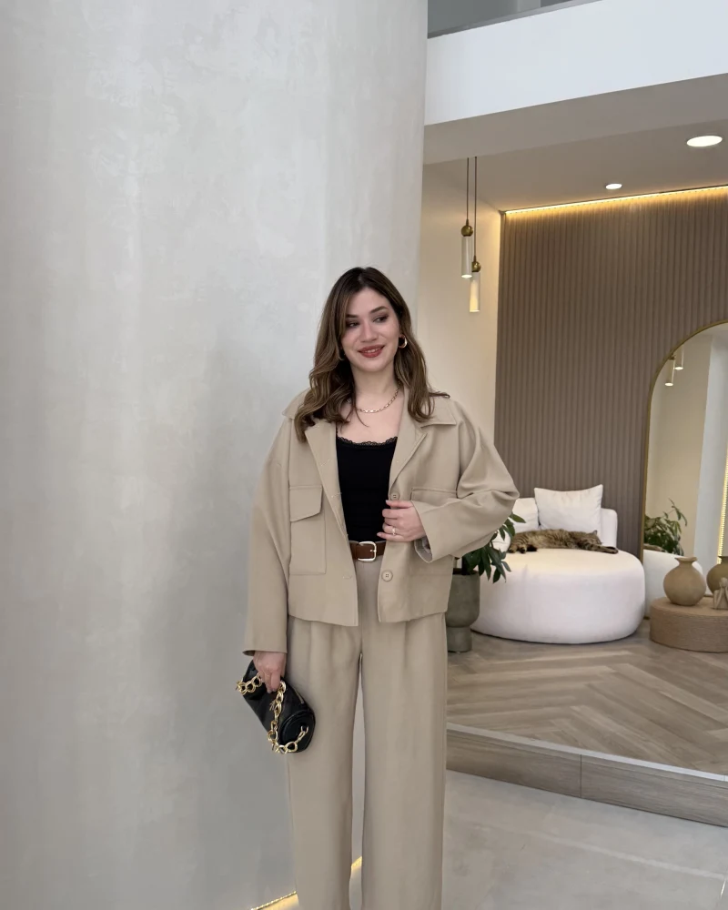 Cepli Kemerli Oversize Ceket-Pantolon Takım - Vizon - Kod: 9025