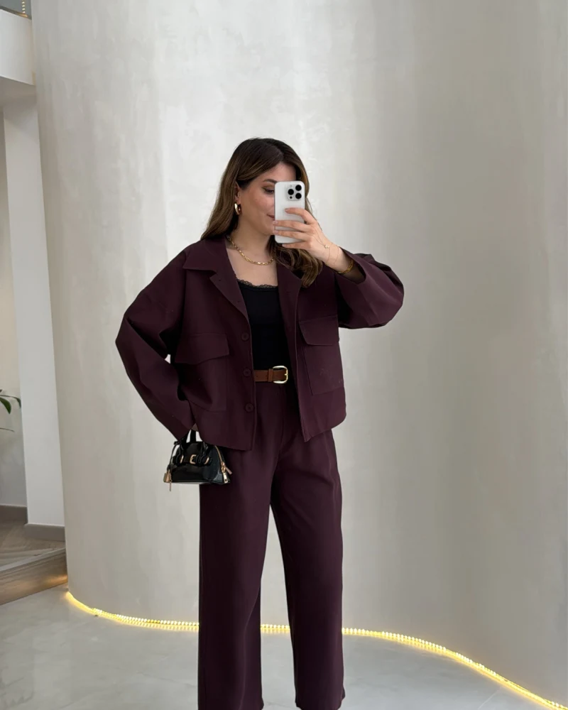 Cepli Kemerli Oversize Ceket-Pantolon Takım - Mürdüm - Kod: 9025