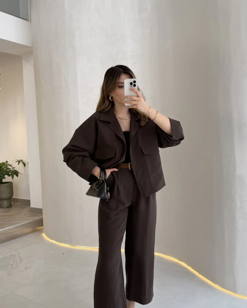 Cepli Kemerli Oversize Ceket-Pantolon Takım - Kahve - Kod: 9025