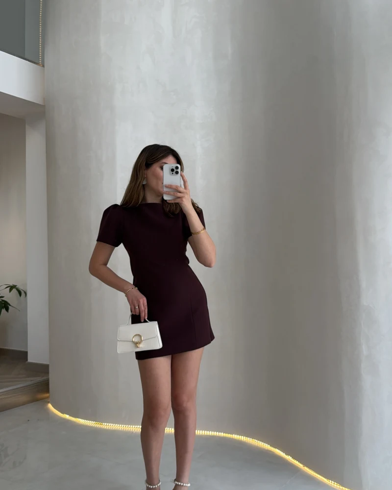 Amore Balon Kol Mini Elbise - Bordo - Kod: 041