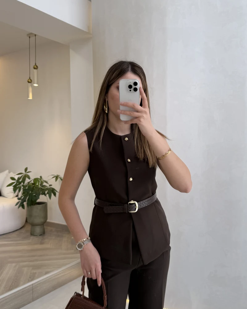 Moon Kemerli İspanyol Kesim Yelek Pantolon Takım - Kahve - Kod: 8891